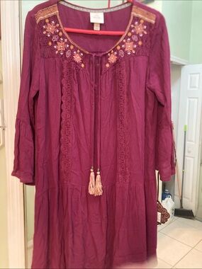 Knox Rose Plum Embroidered Long-Sleeve Boho Tunic Dress